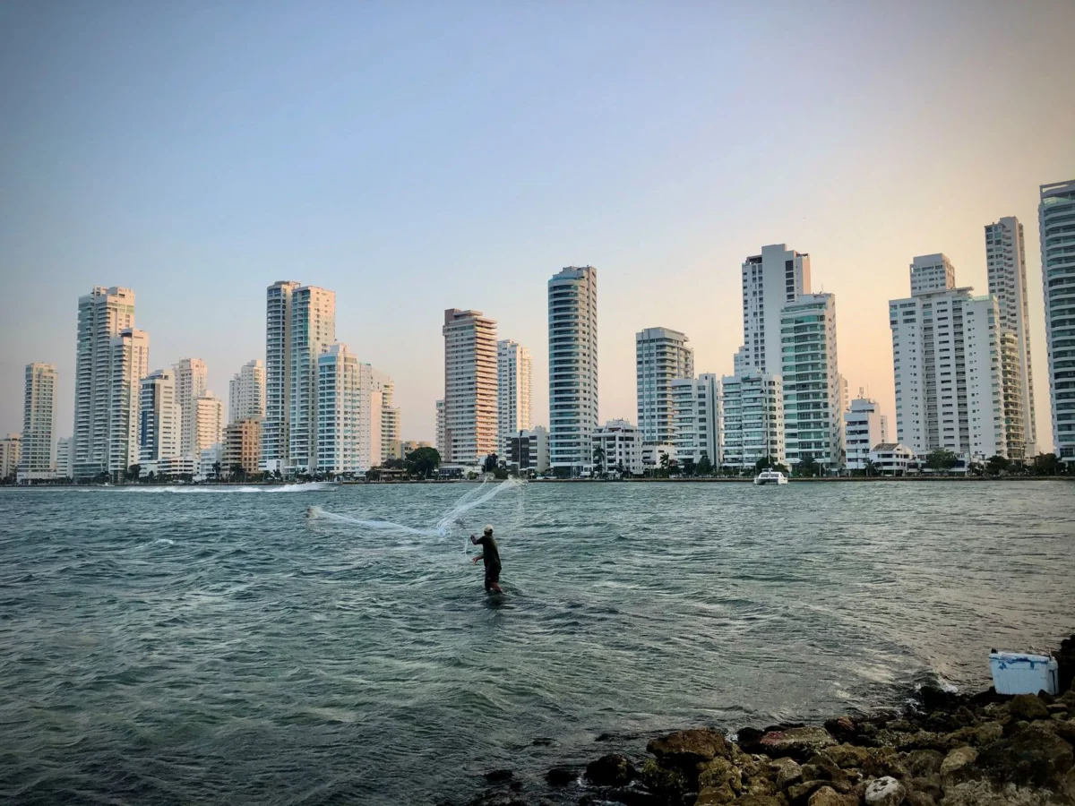 Cartagena skyline at sunset with historic buildings