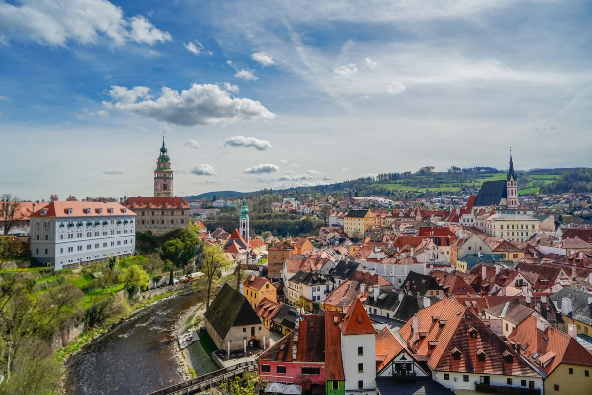Panoramic view of Cesky Krumlov with iconic castle in the background