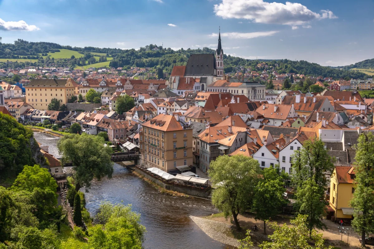 A romantic skyline view of Cesky Krumlov with historic architecture
