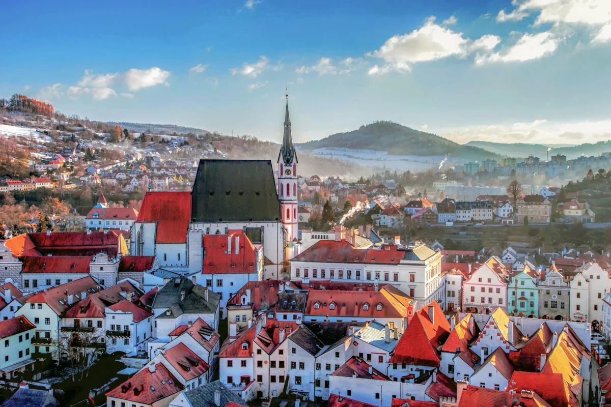 Scenic view of Cesky Krumlov with its iconic castle and Vltava River
