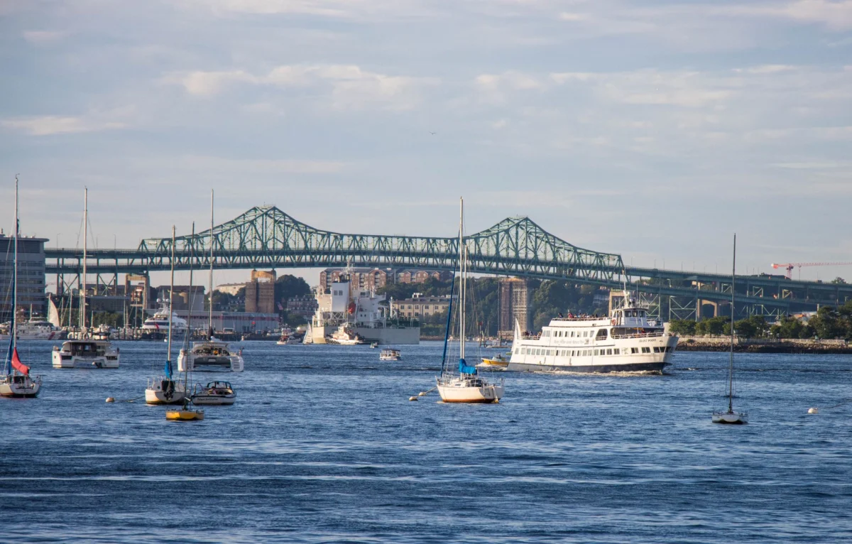 Aerial view of Charlestown's charming riverfront and iconic bridges