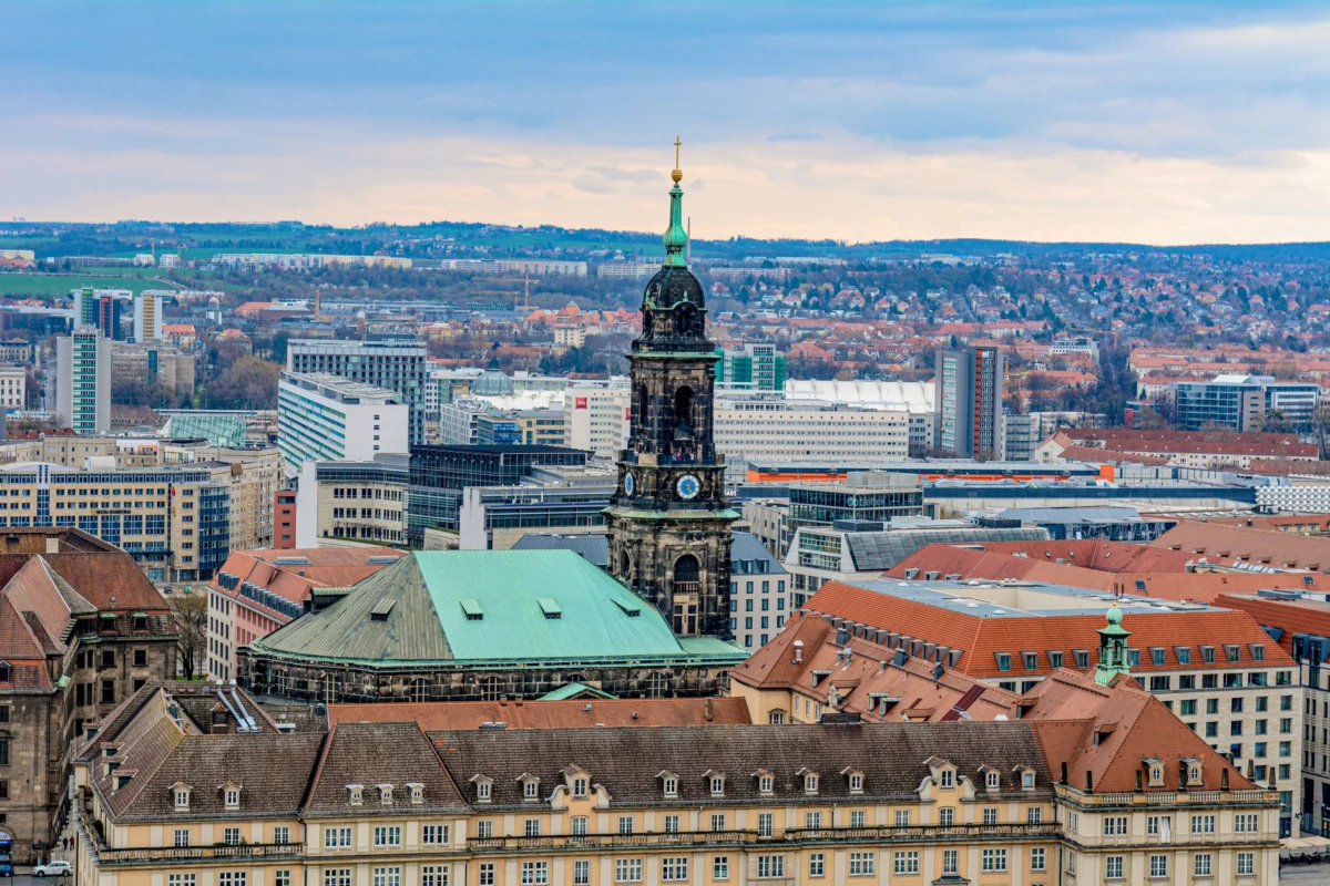 Dresden skyline with historic buildings illuminated at dusk