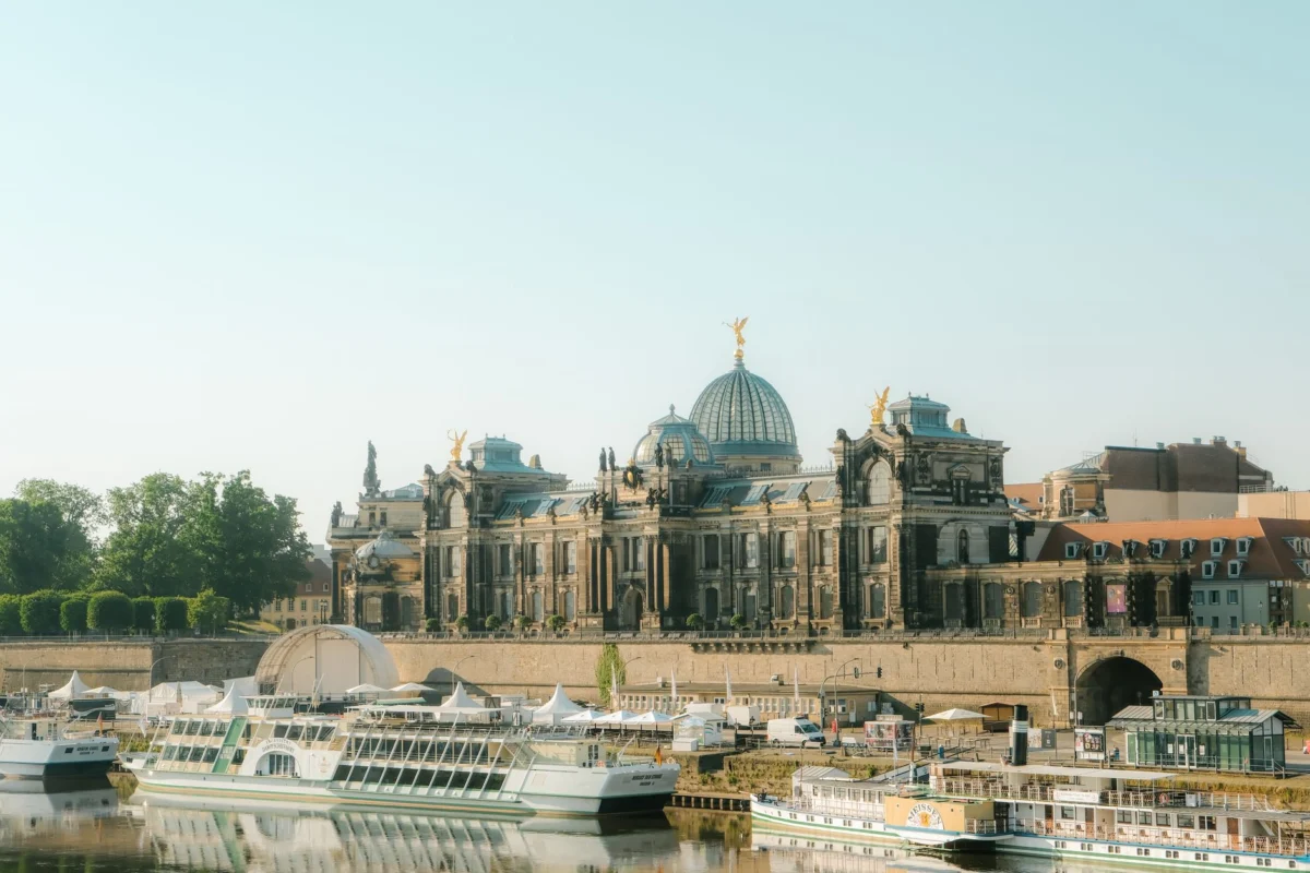 Dresden skyline view along the Elbe River at dusk