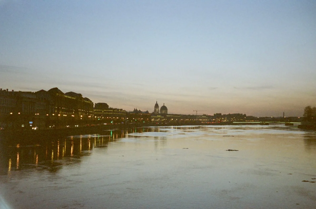 Dresden's historic skyline at sunset