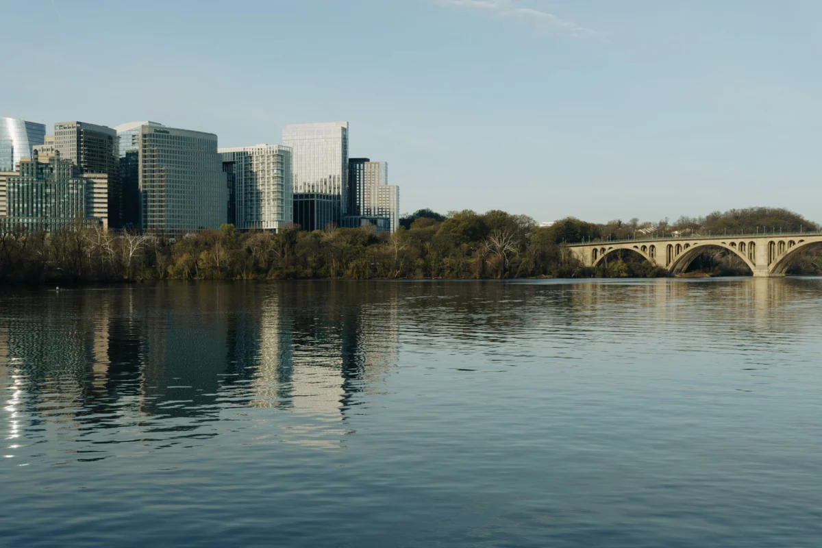 View of iconic waterfront in Georgetown with city skyline