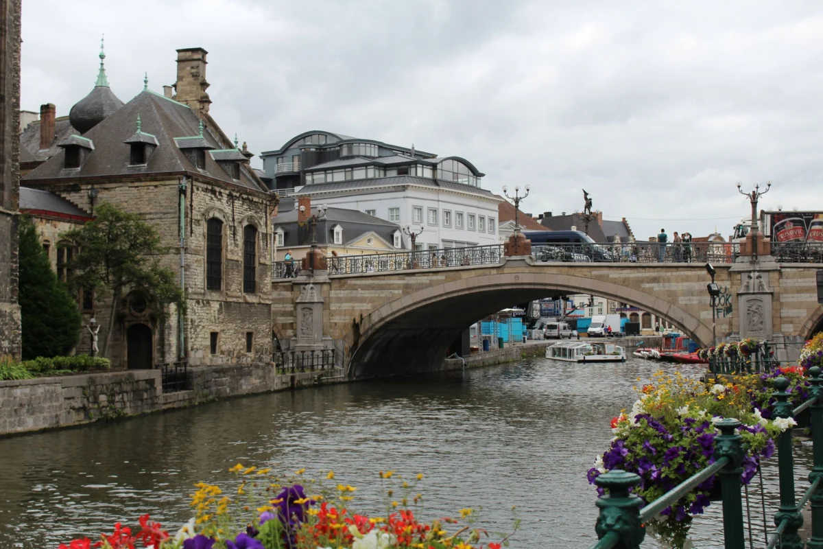 Romantic evening view over Ghent canals with historic buildings