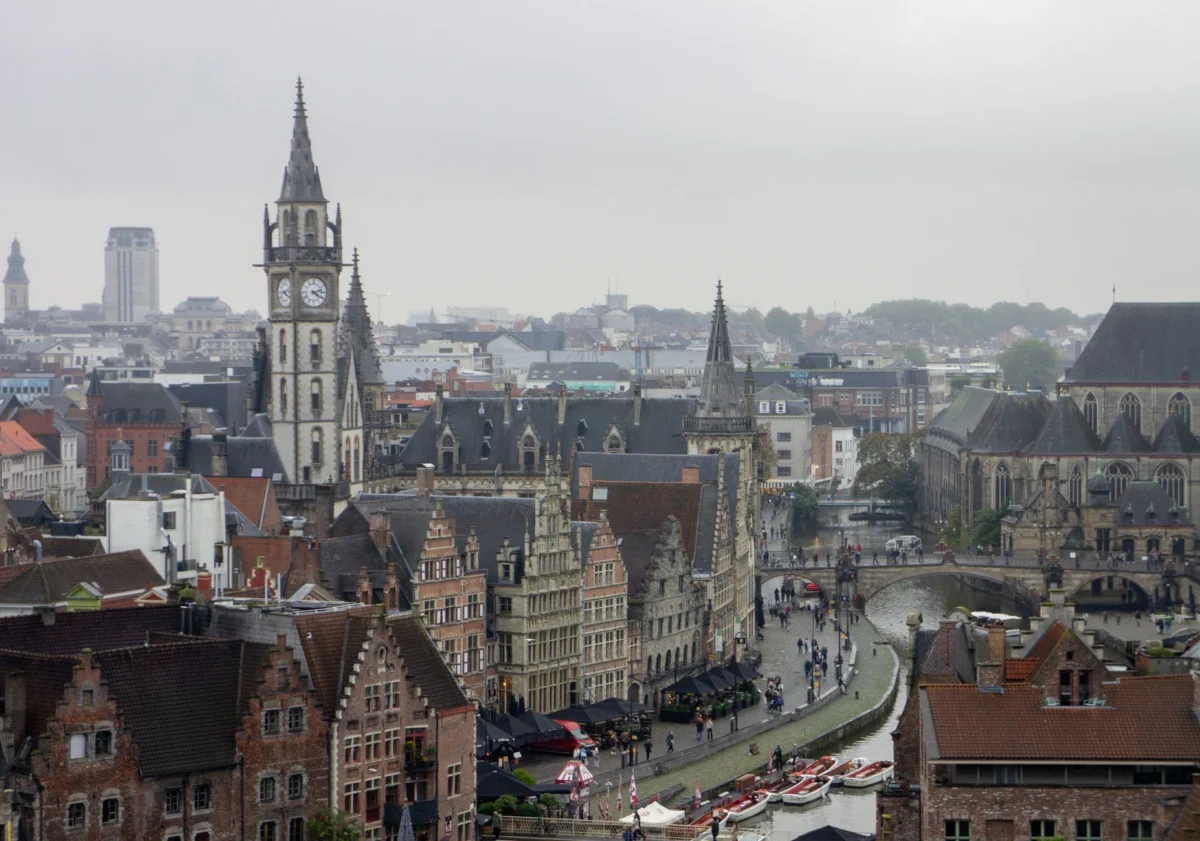 Ghent skyline at sunset with medieval architecture