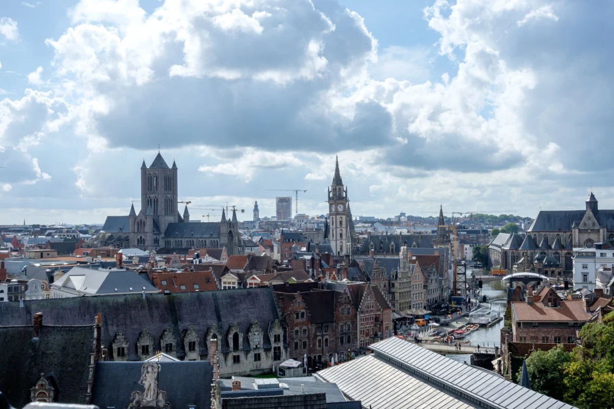 Romantic skyline view of Ghent with historical buildings