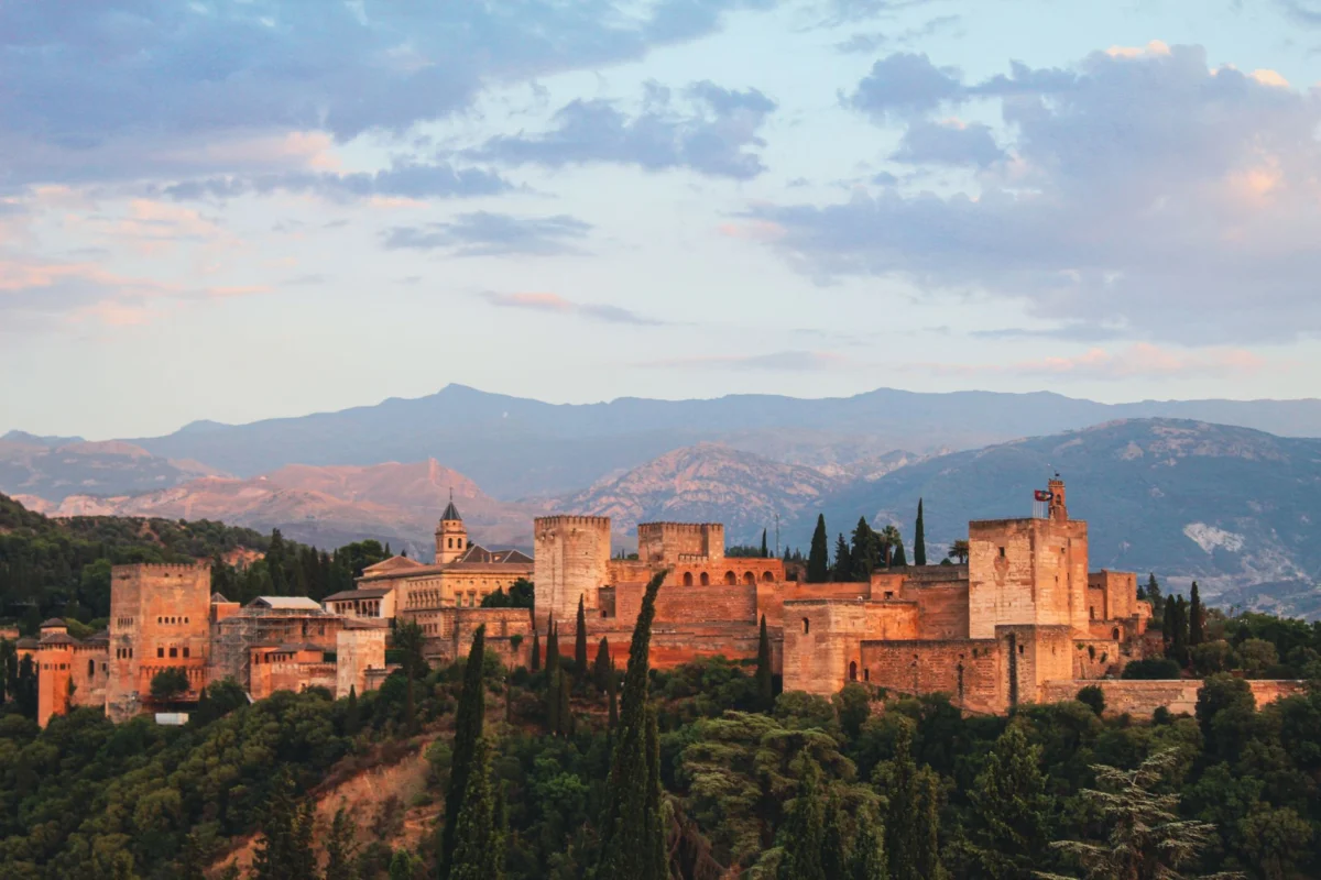 Sunset view of the Alhambra palace in Granada, perfect for photographers