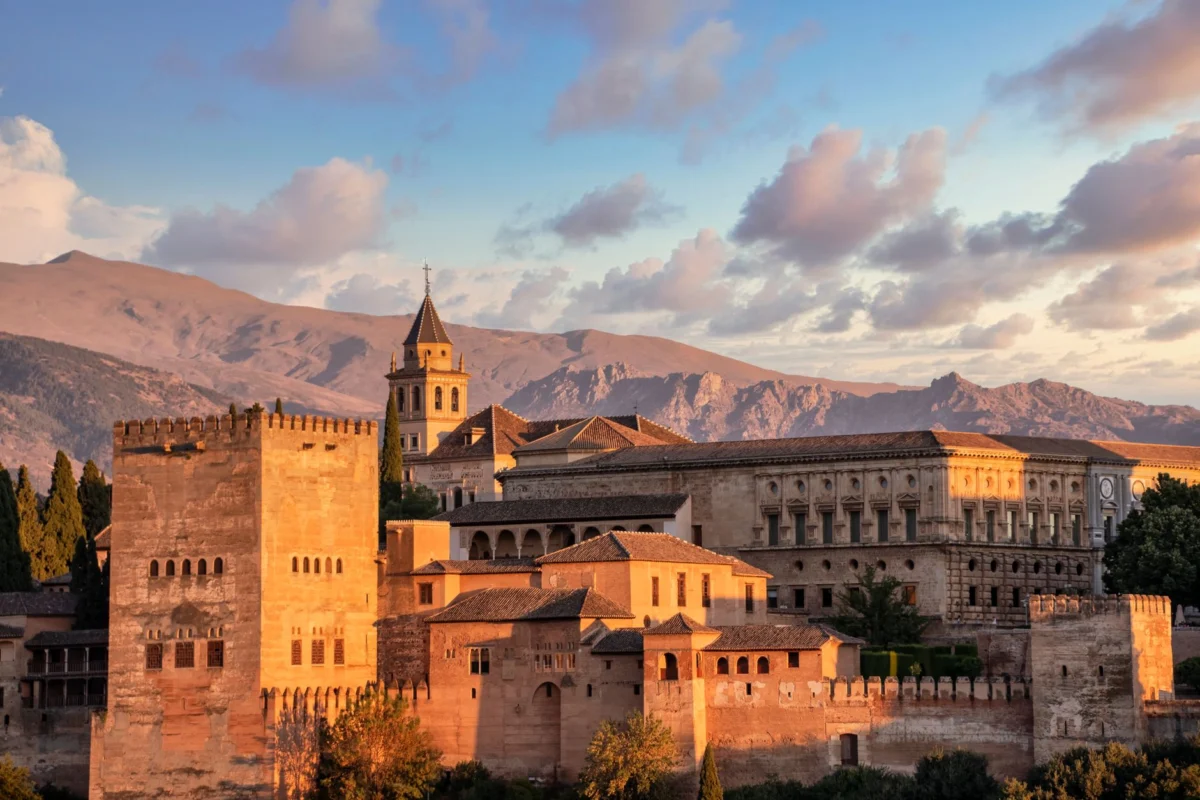 Granada Alhambra view at sunset with romantic ambiance