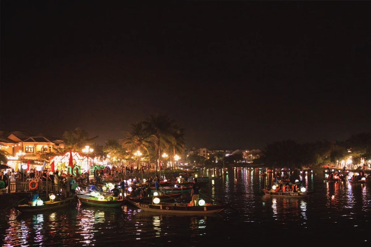 Lantern-lit street in Hoi An's old town at night