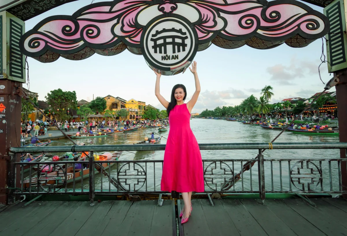 Romantic evening riverside view in Hoi An with lanterns