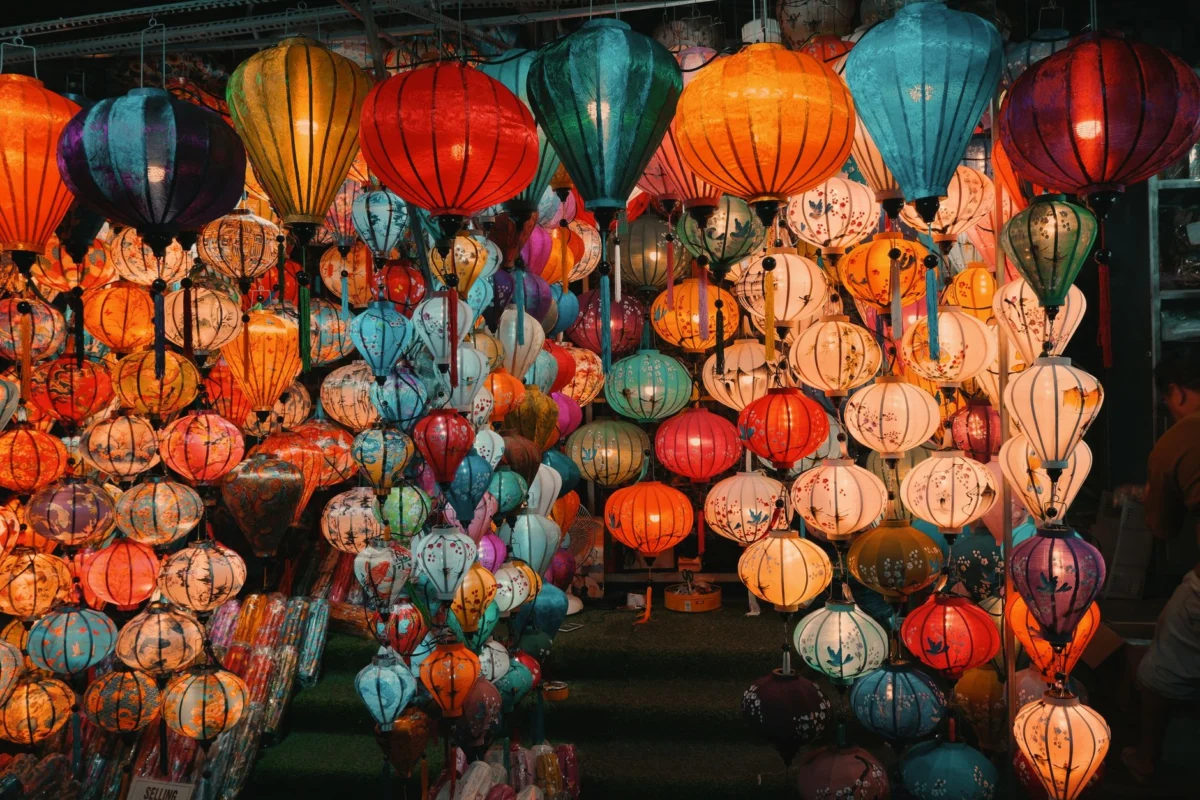 A picturesque lantern-lit street in Hoi An at night