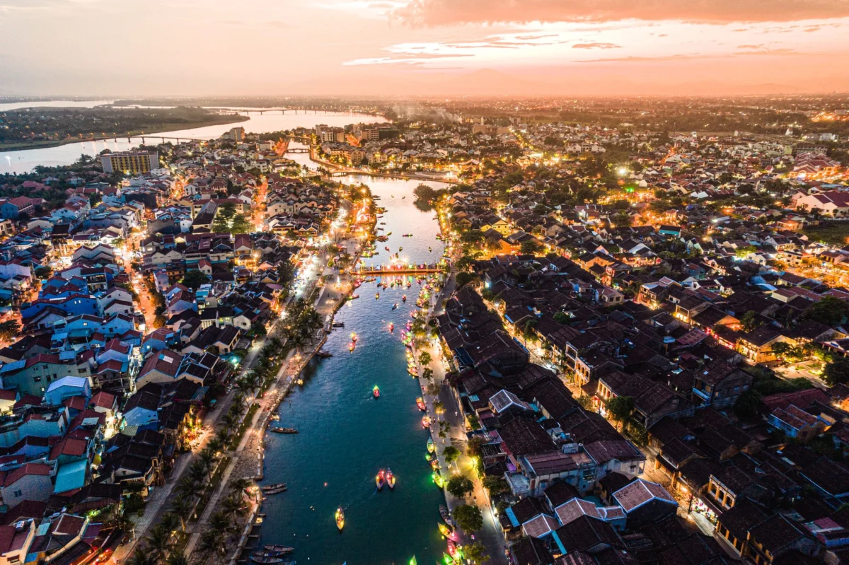 A scenic view of Hoi An's iconic lantern-lit street at dusk