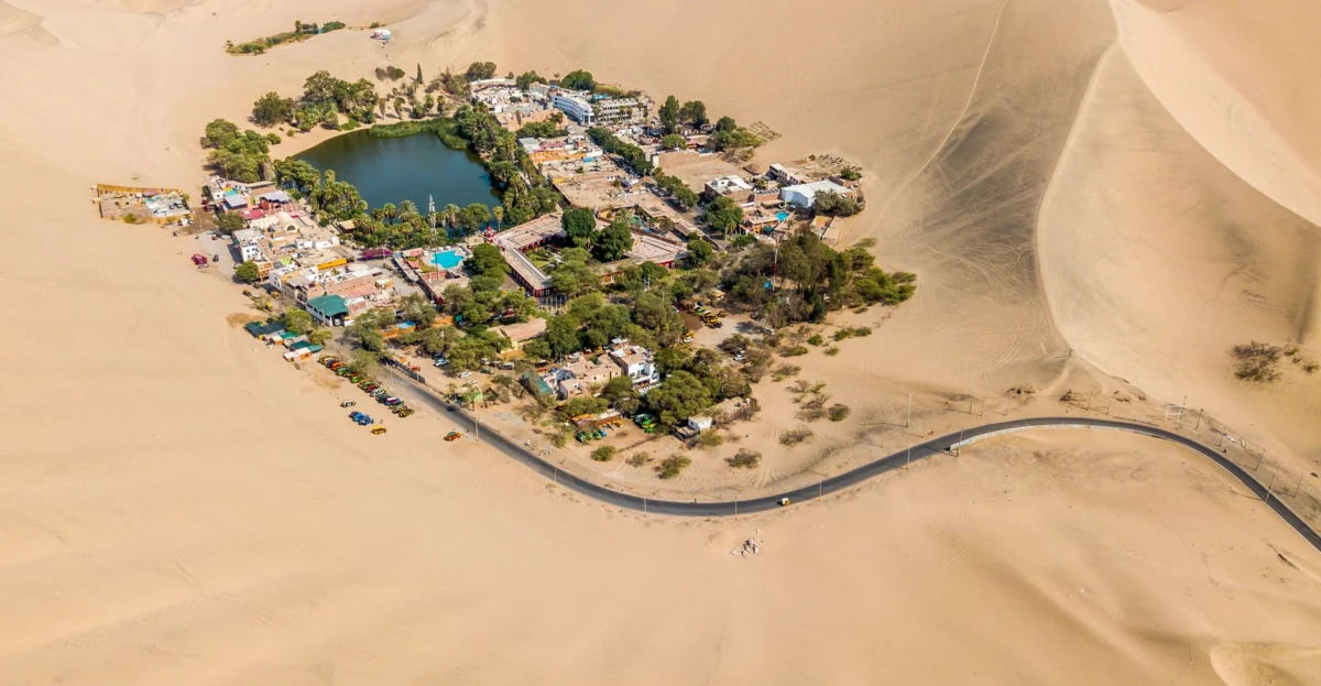 Scenic desert oasis view in Huacachina with sand dunes