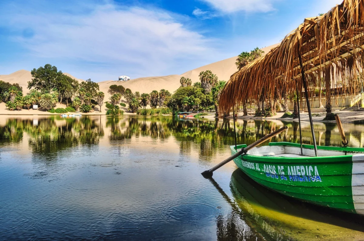 Scenic view of Huacachina oasis framed by sand dunes