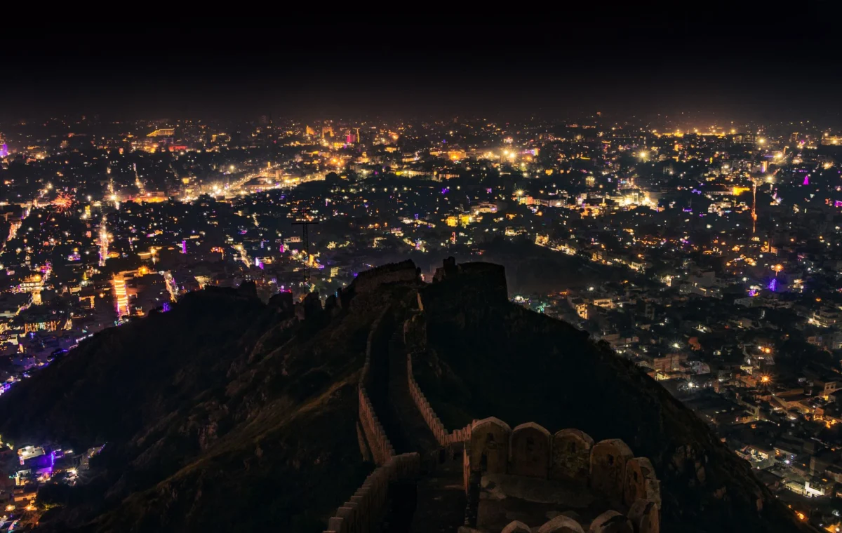 Romantic evening skyline of Jaipur with city lights