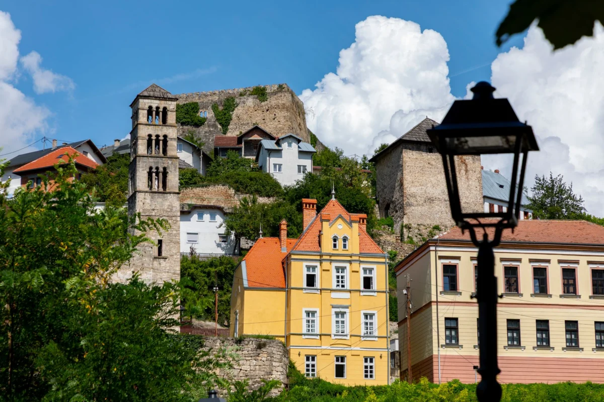 Scenic view of Jajce city skyline under bright sky