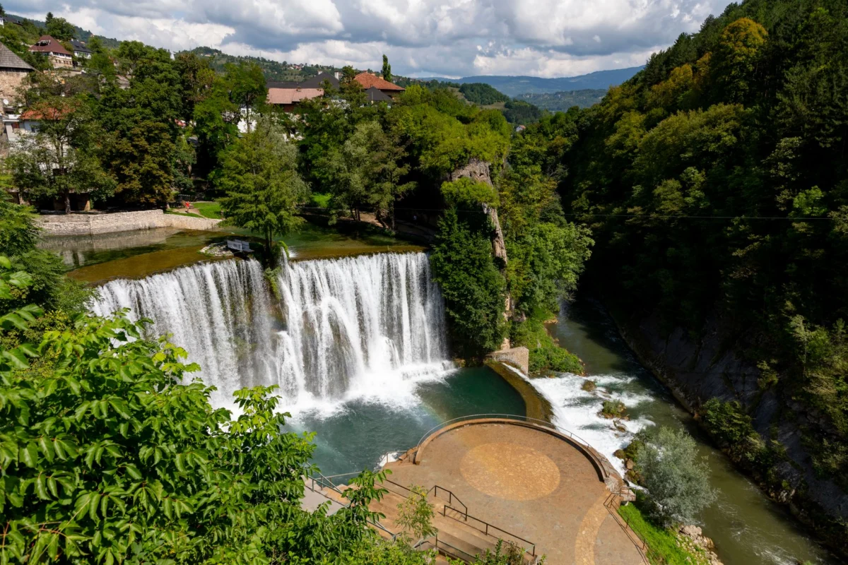 Scenic view of Jajce waterfall for a romantic retreat