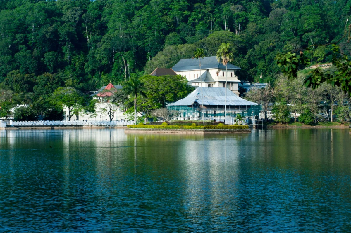 A serene view of Kandy's skyline reflecting in the lake, enhancing the city's romantic ambiance.