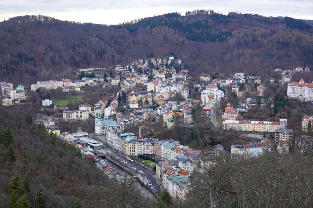 Aerial view showcasing Karlovy Vary's charming architecture