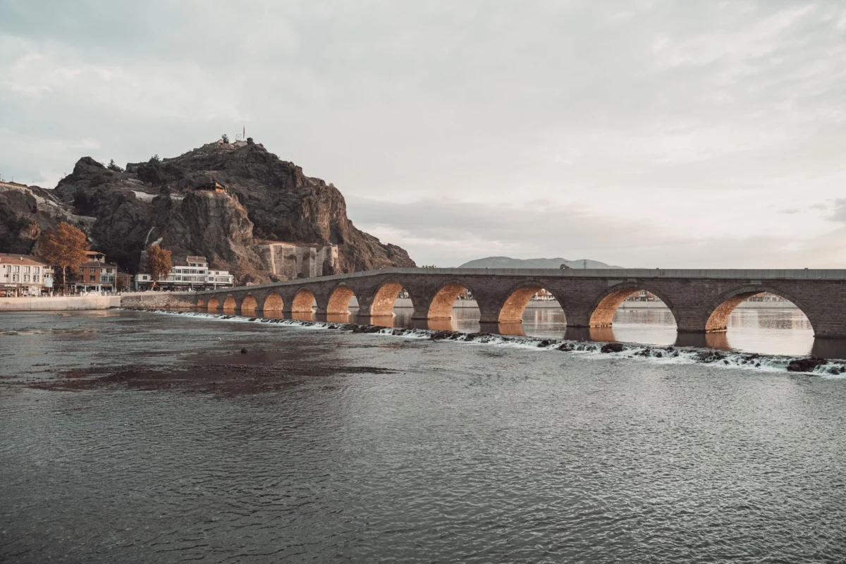 Historic bridge in Konjic under evening sky