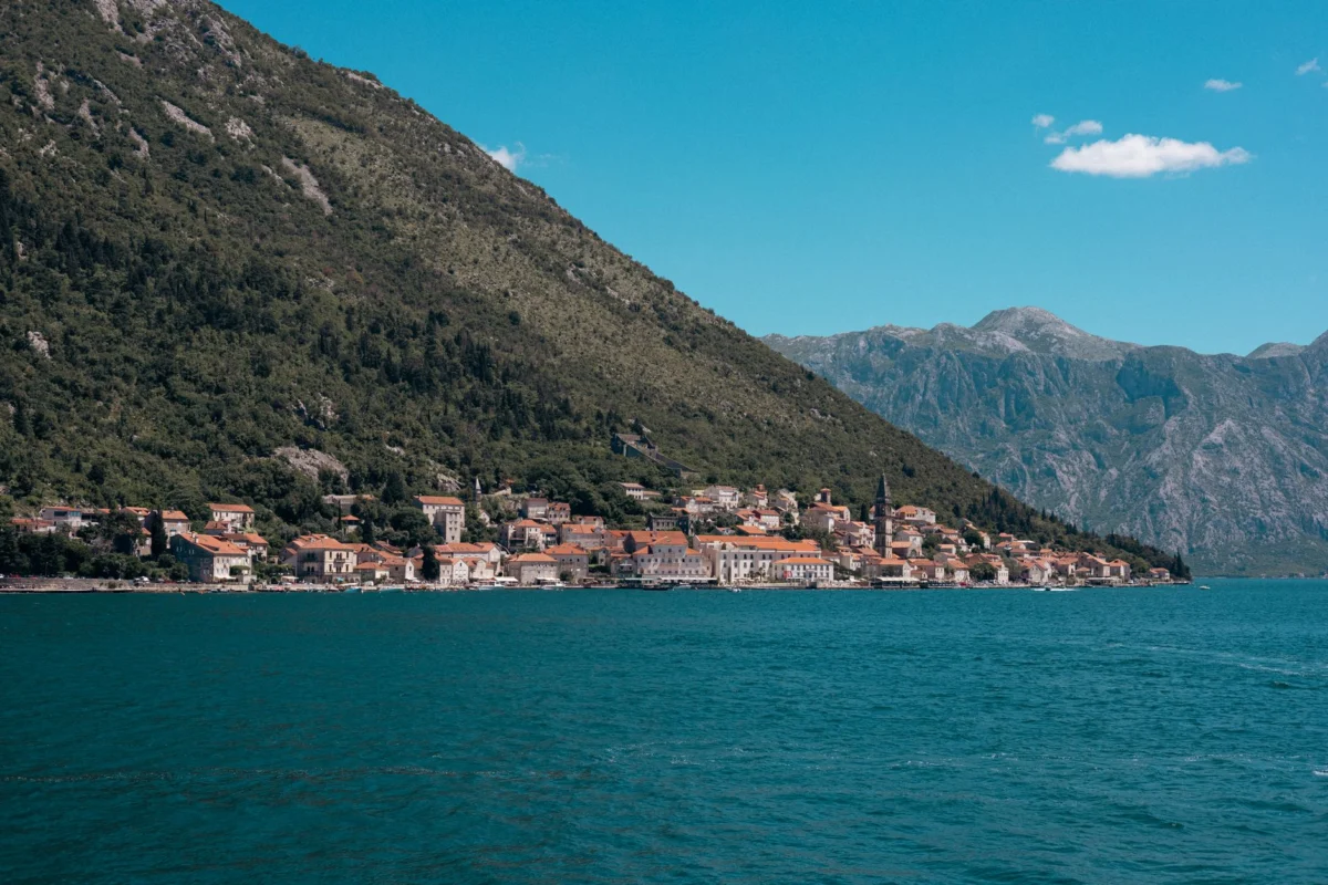Stunning bay view in Kotor, Montenegro with rugged mountains