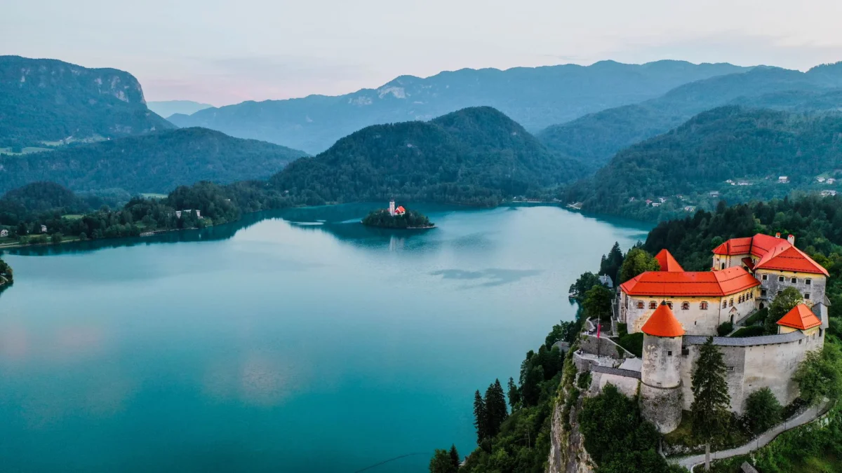 Scenic view of Lake Bled with Bled Castle perched above