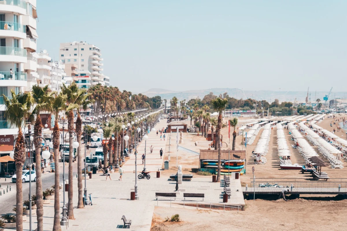 Scenic sunset view of Larnaca promenade, highlighting its romantic charm