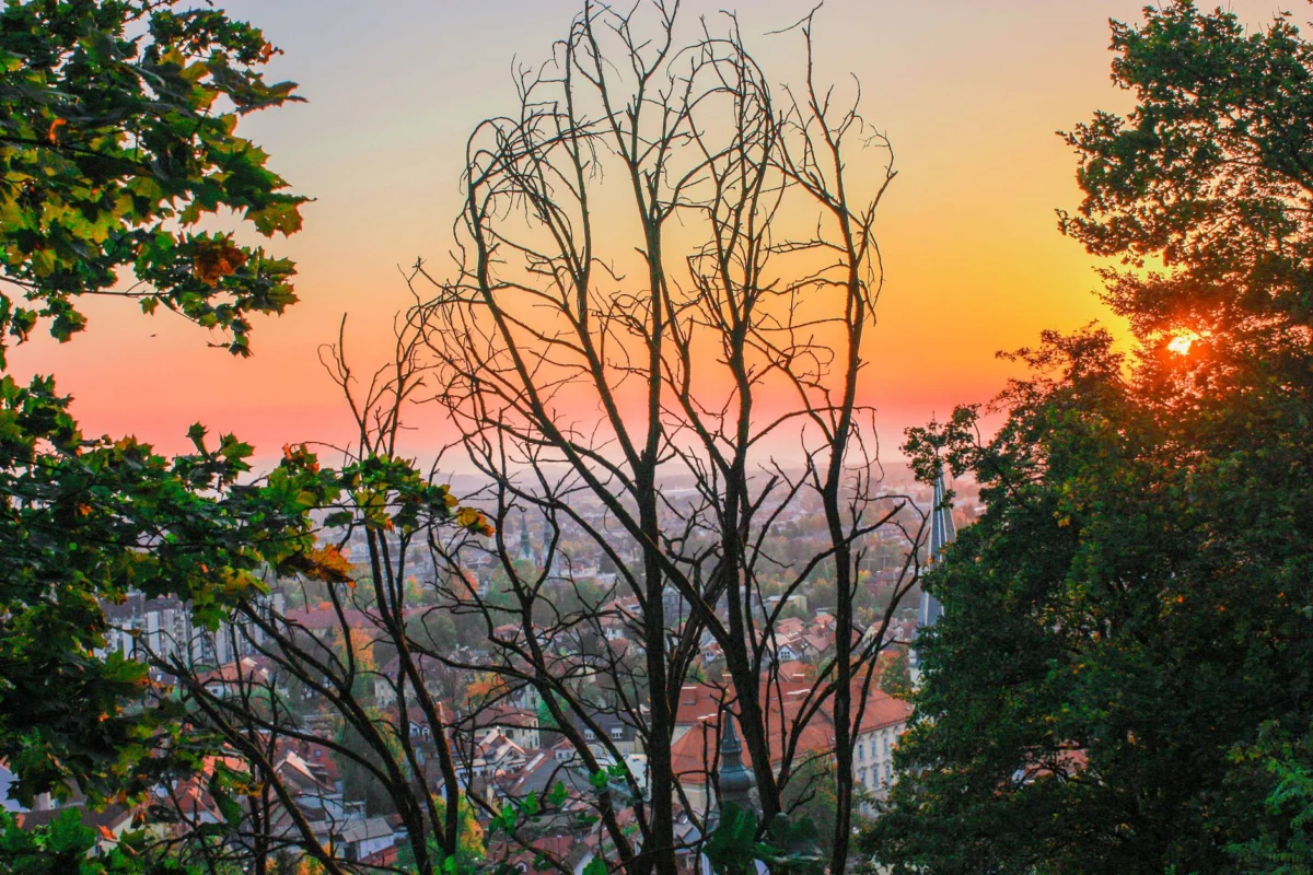 Romantic view of Ljubljana at sunset with iconic skyline