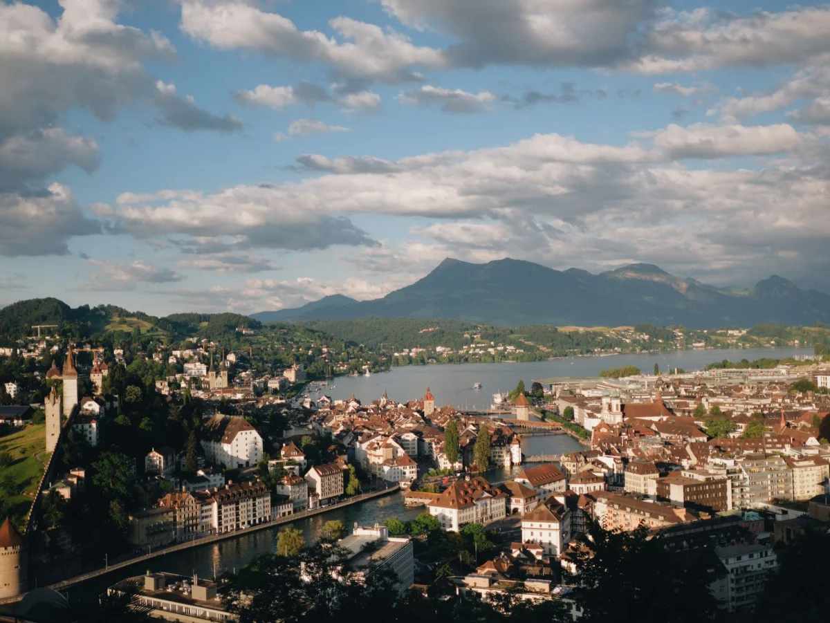 Picturesque view of Lucerne at dusk with the iconic Chapel Bridge