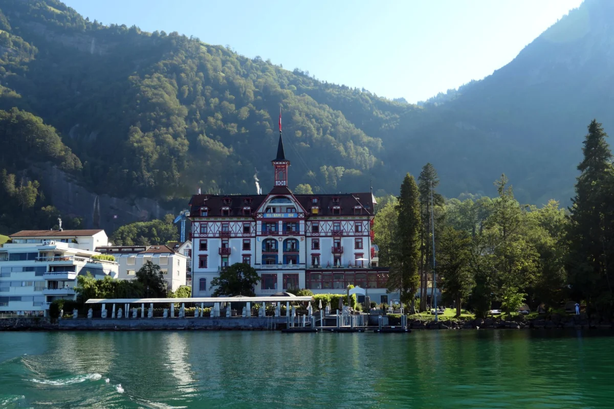 Romantic view of Lake Lucerne at sunset with mountains