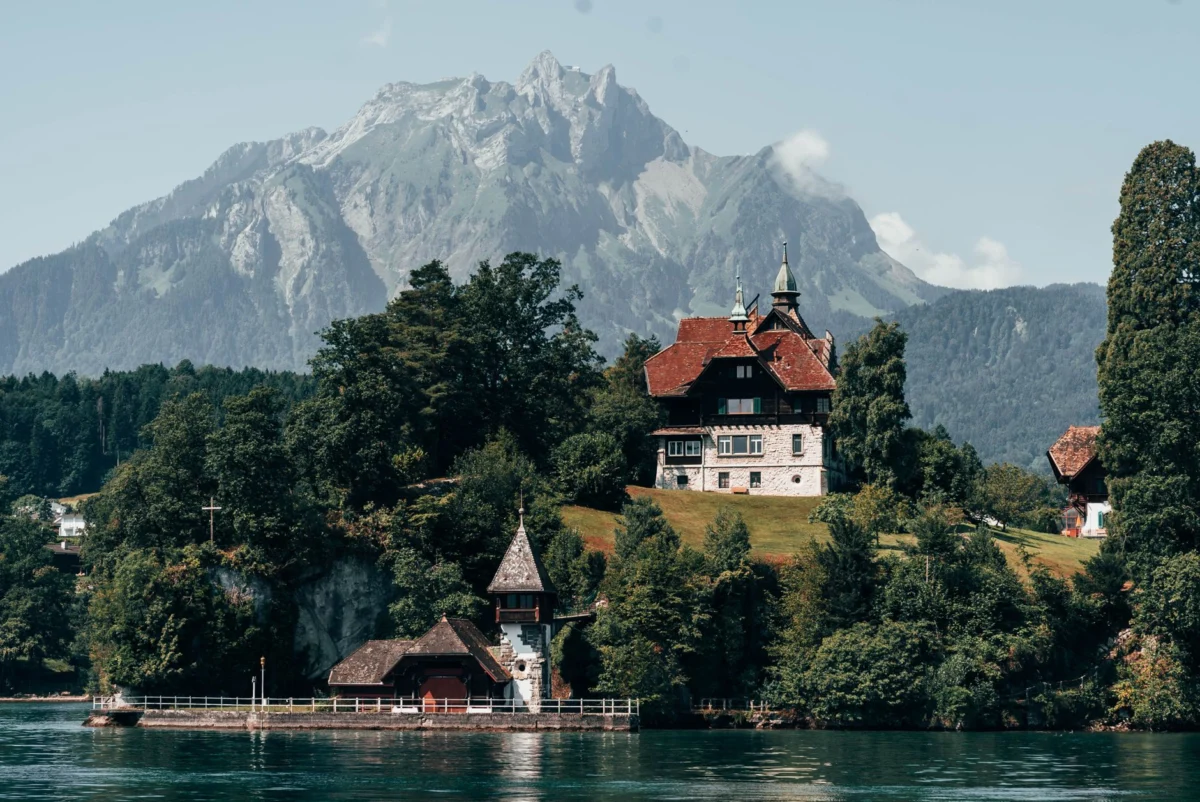 Panoramic view of Lucerne with lake and mountains