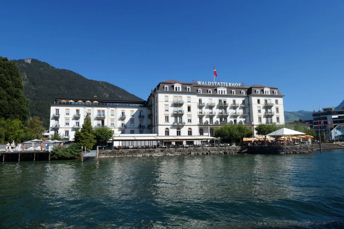 Elegant luxury hotel room with a view of Lucerne
