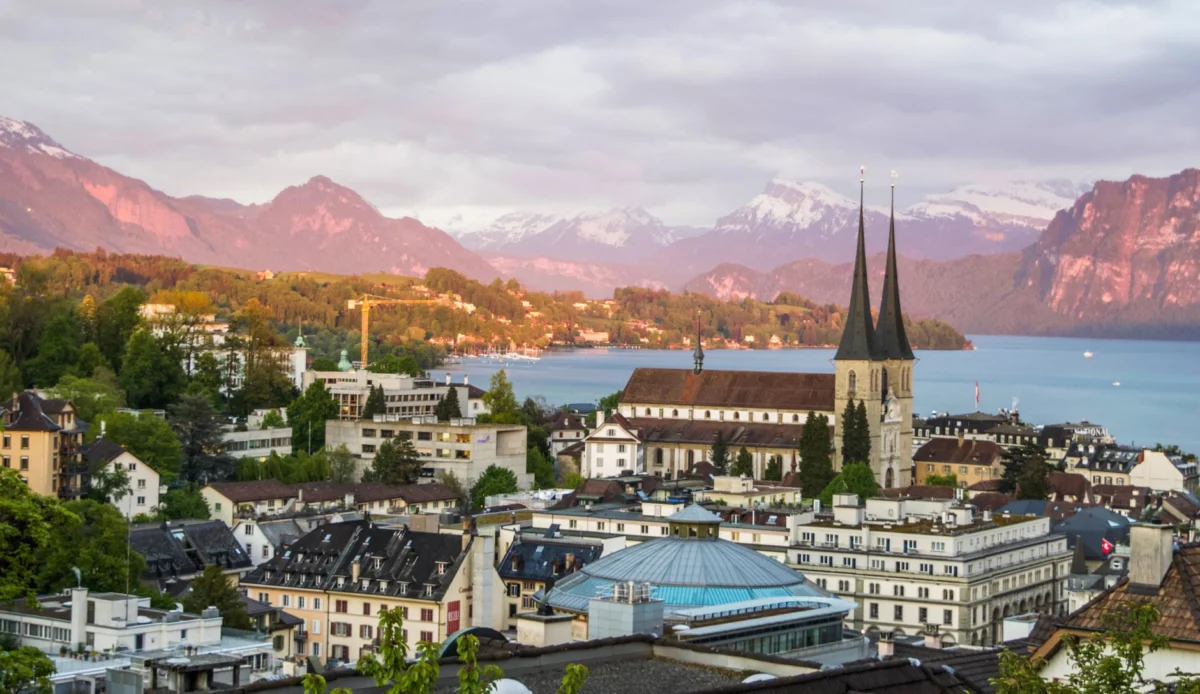 Lucerne skyline with sunset over Lake Lucerne