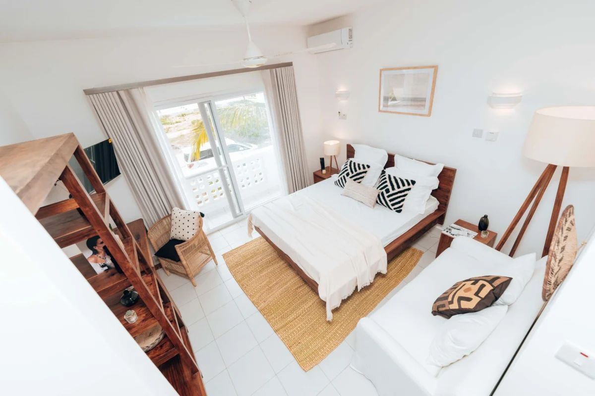 Luxurious hotel room interior in Zanzibar with ocean view