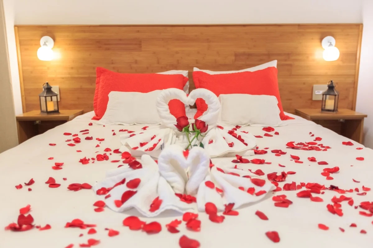 Luxury romantic bedroom suite in a Goa hotel, elegantly designed