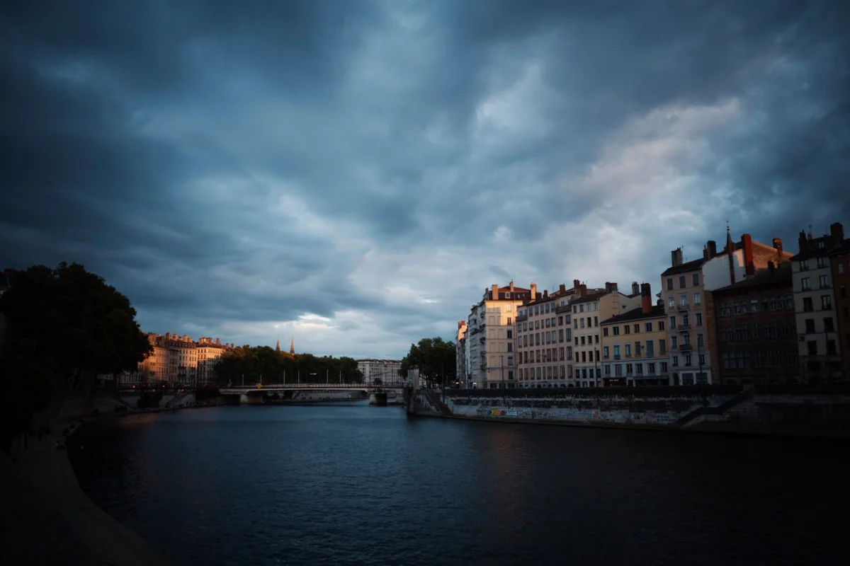 Lyon skyline at sunset, featuring iconic landmarks