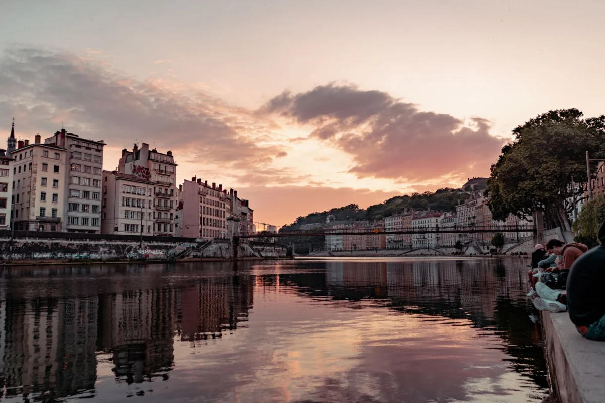 Breathtaking view of Lyon at sunset with the Rhône River