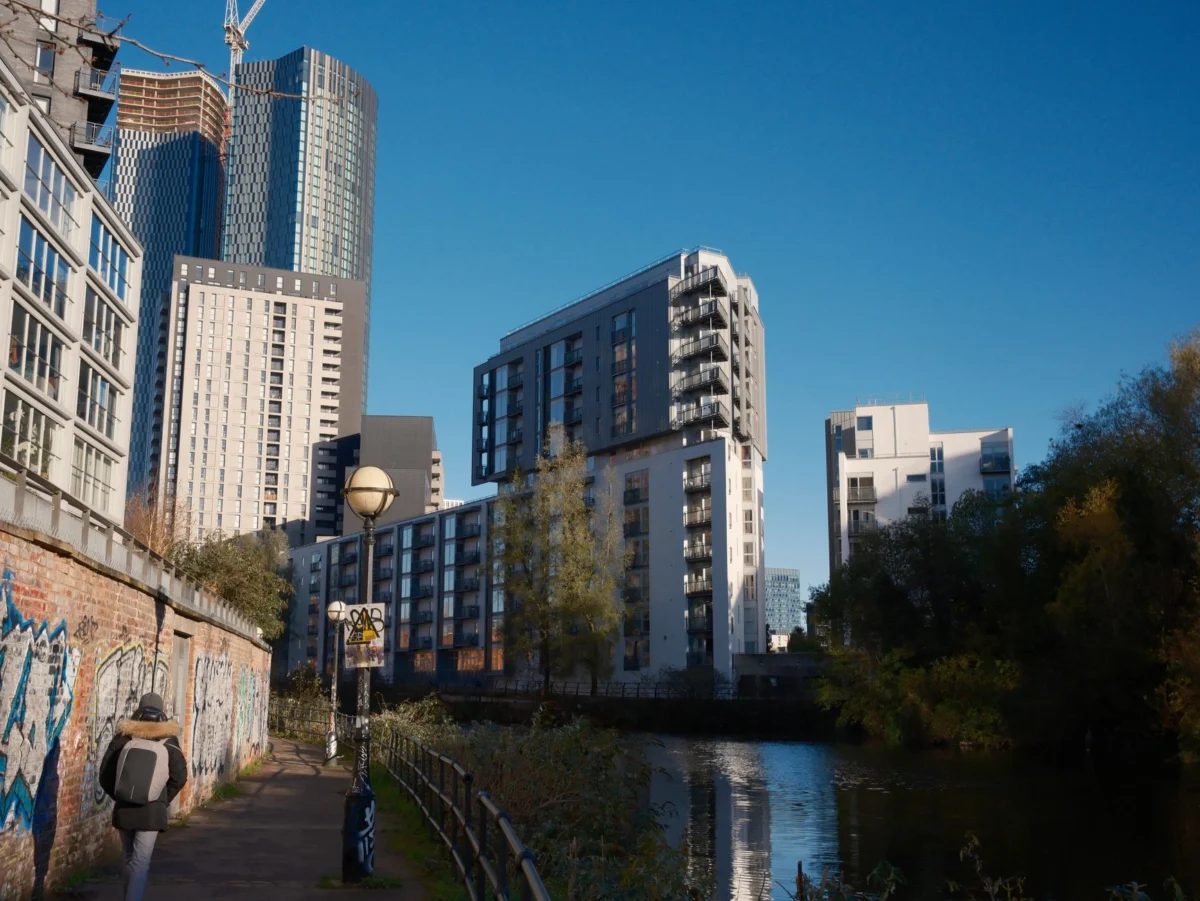 Romantic evening view of Manchester's scenic canal walk.