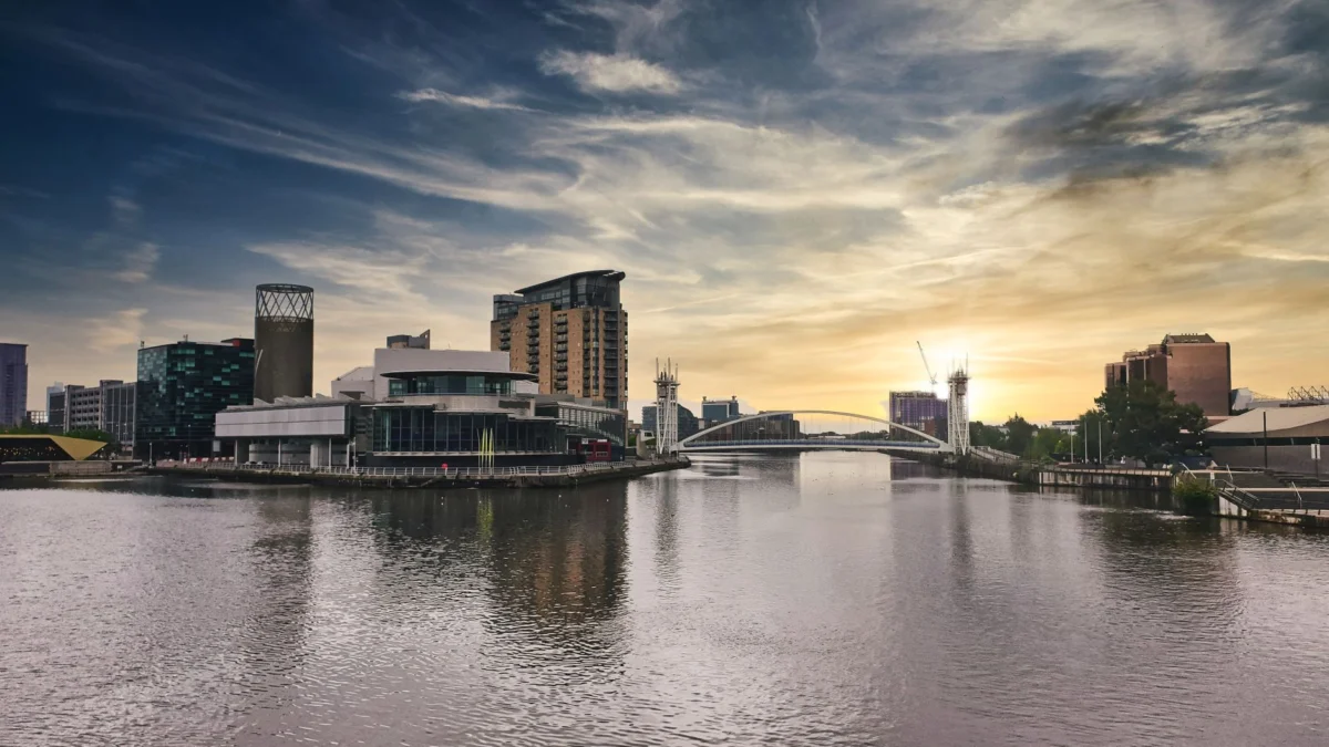 Romantic sunset skyline view of Manchester