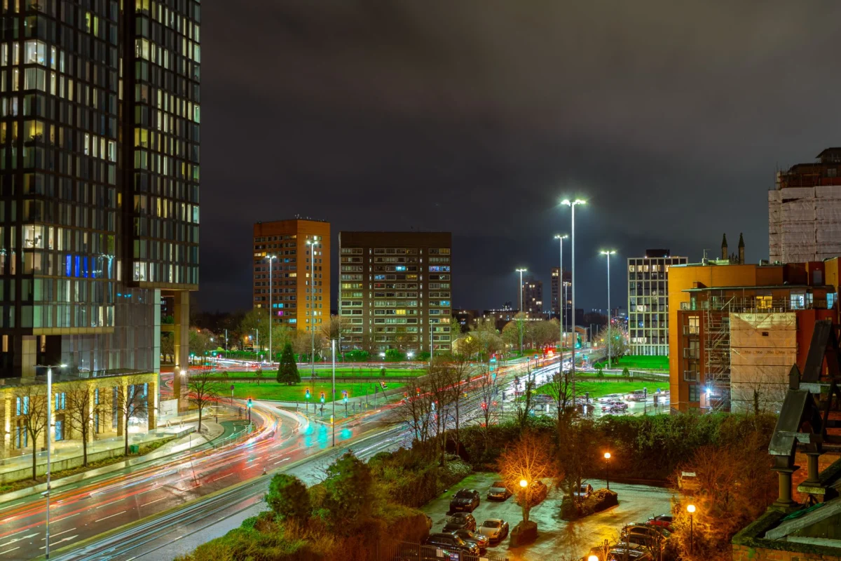 Romantic view of the Manchester skyline at night