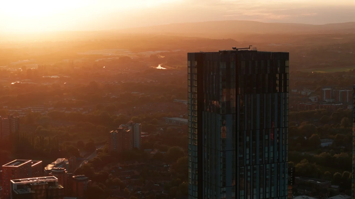 Manchester skyline with romantic sunset view