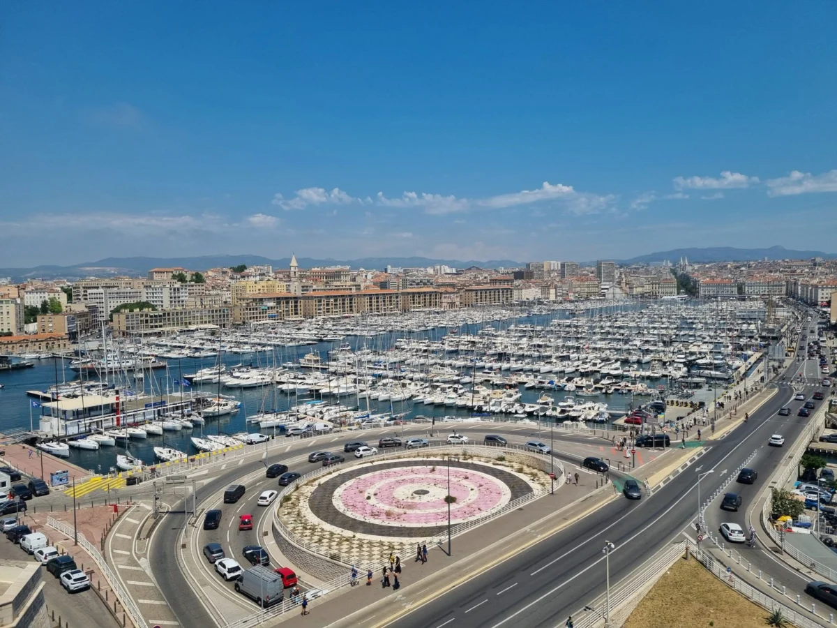 Aerial view of Marseille harbor and city skyline