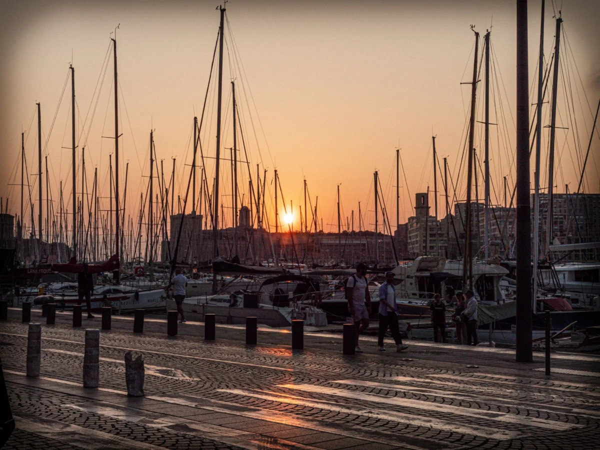 Beautiful sunset view over the port of Marseille with vibrant cityscape