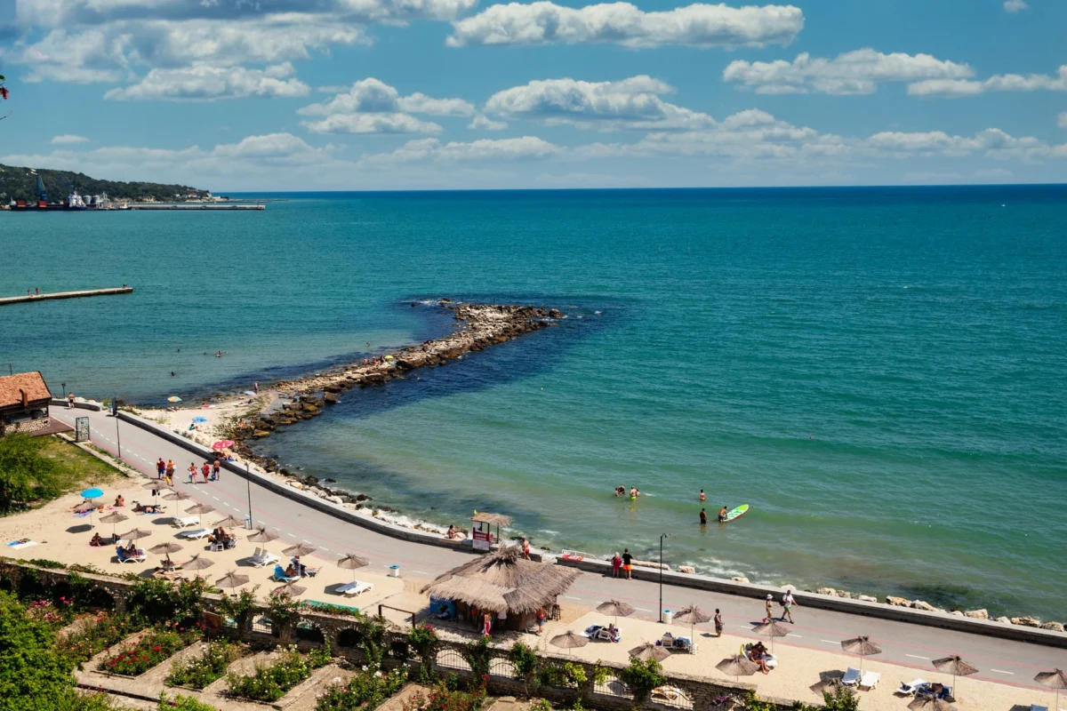 Scenic coastal view of Obzor beach near budget stays