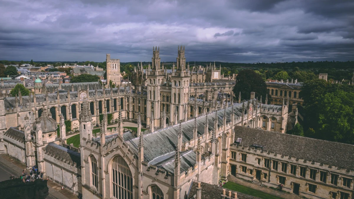 View of Oxford skyline with historic buildings during a romantic sunset