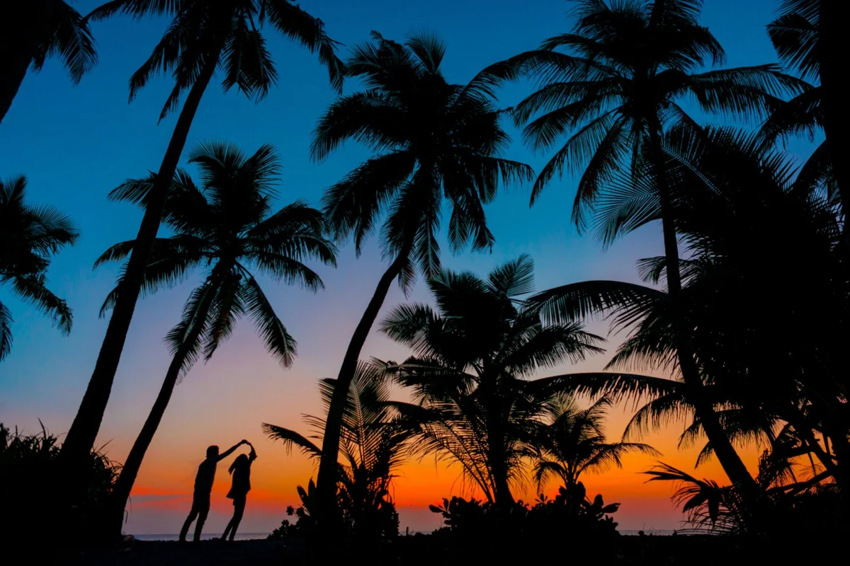 Romantic sunset view over Paradise Island beachscape