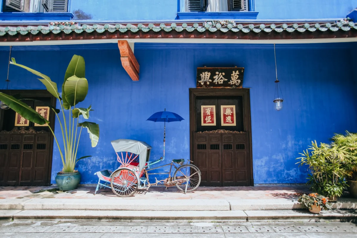 View of historical street in Penang with cultural landmarks