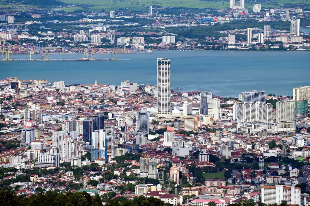 Iconic view of Penang's George Town skyline with historical buildings